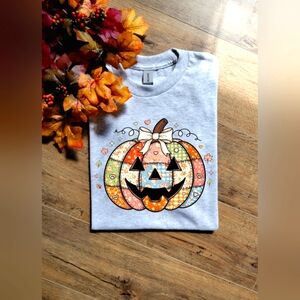 Cute Retro Quilt Pattern Pumpkin Fall Tee Shirt
